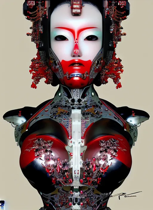 Image similar to portrait of a organic seductive cybernetic latex geisha mecha, imari, modern fine art, fractal, in the style of ghosts in the machine, intricate ornaments, elegant, highly detailed, digital photography, subsurface scattering, by greg rutkowski,