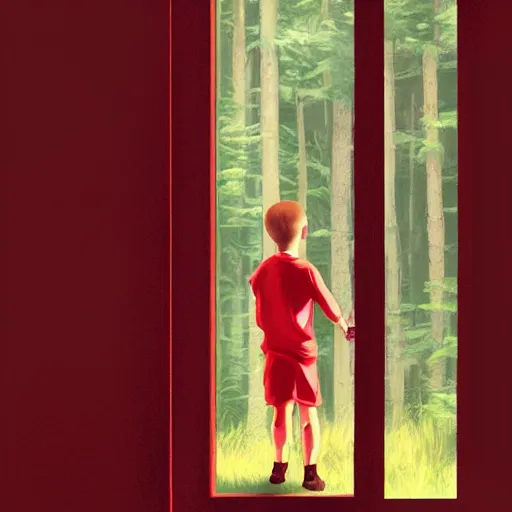 Image similar to boy in red is knocking the front door of a cabine in a forest, detailed, strong lighting, very conherent, by campion, pascale, trending on artstation