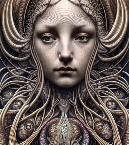 Image similar to detailed realistic beautiful goddess face portrait by jean delville, gustave dore, iris van herpen and marco mazzoni, art forms of nature by ernst haeckel, art nouveau, symbolist, visionary, gothic, neo - gothic, pre - raphaelite, fractal lace, intricate alien botanicals, ai biodiversity, surreality, hyperdetailed ultrasharp octane render