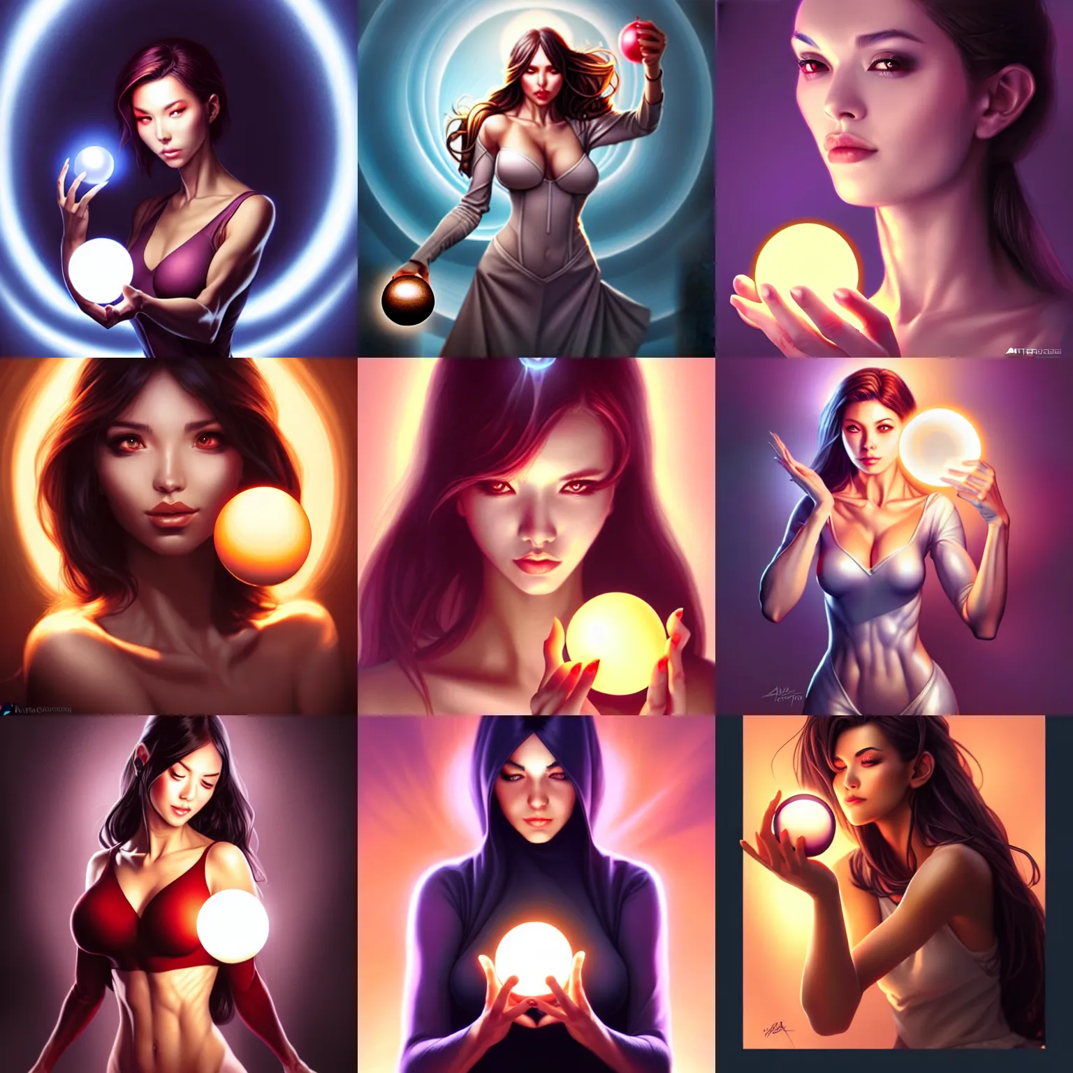 Prompt: a woman holding an orb, cover by Artgerm