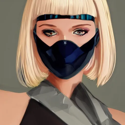 Image similar to android robot woman face painting, black facemask, blond bob haircut, beautiful detailed blue eyes, looking straight to camera, muted colors, matte print, pastel colors, ornate, digital art, cute smile, winning artwork, digital painting, professional art, elegant, by Ilya Kuvshinov, by artgerm