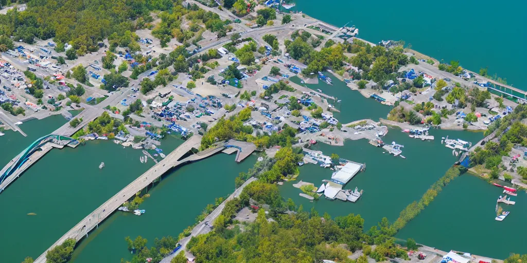 Image similar to bird's eye view of a city, trailer park, a road, bridge, and lagoon with docking area.