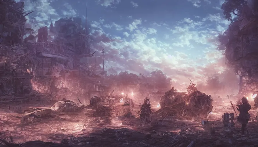 Prompt: the beautiful, dreamy, wistful view of a battlefield after war filled with death at dusk. hyperrealistic anime background illustration by kim jung gi, colorful, extremely detailed intricate linework, smooth, super sharp focus, bright colors, high contrast, matte, octopath traveler, unreal engine 5 highly rendered, global illumination, radiant light