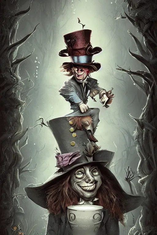 Image similar to ( ( ( ( the mad hatter ) ) ) ) by michael kutsche!!!!!!!!!!!!!!!!!!!!!!, tim burton, cg, trending on artstation