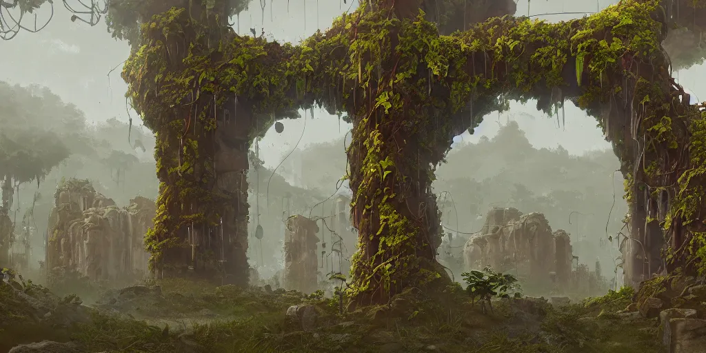 Prompt: Vines dripping from a portal made of stone. Detailed digital matte painting in the style of simon stalenhag