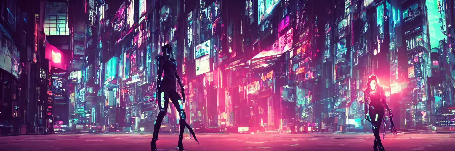 Prompt: a cyberpunk fashion girl wearing street urban futuristic cyberpunk clothing walking in a cyberpunk street inspired by ghost in the shell there are advertising holograms and neon signs in the street and a neon mecha robot with decals all over it, 3d scene, render, ultra realistic, ray tracing, night time, volumetric light, artstation, cgsociety, level design, unreal engine, 3d scene, zenith view