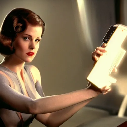 Image similar to a still of a beautiful pin up playing with a NES controller, in the movie Minority Report (2002), highly detailed and intricate, cinematic lighting, 4k HDR