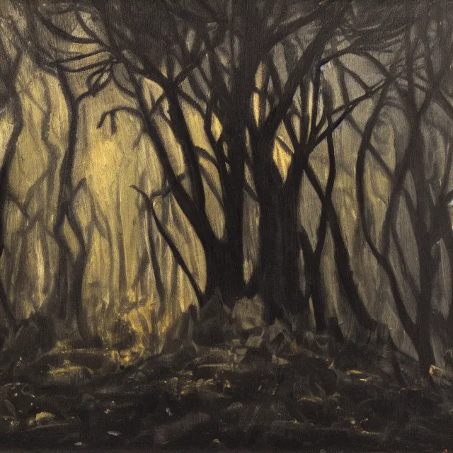 Prompt: black temple with spikes in a dark forest, oil painting