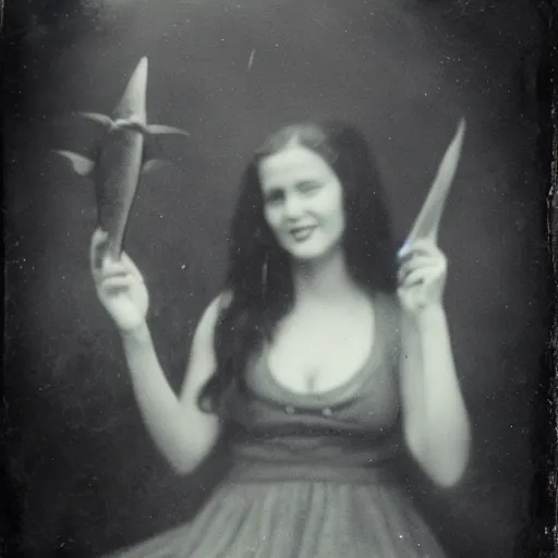 Prompt: underwater tintype photo pretty girl and a shark