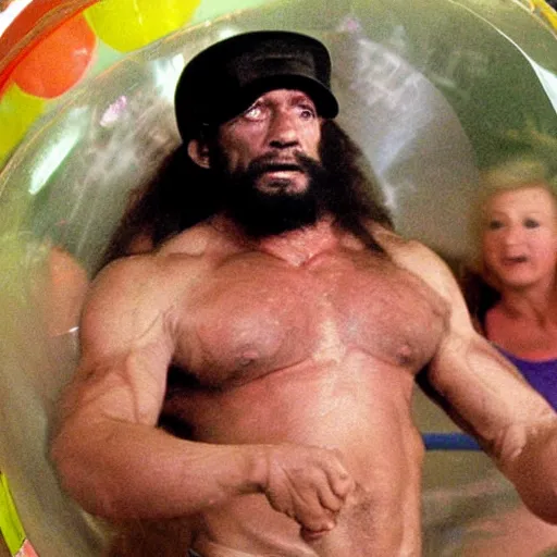 Image similar to randy savage trapped in a giant hamster ball