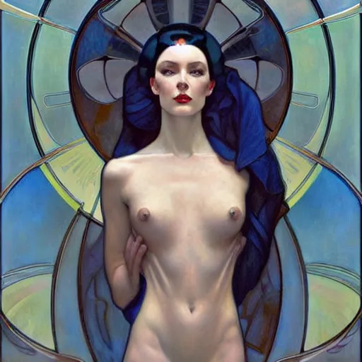 Prompt: a streamline moderne painting in the style of donato giancola, and in the style of tom bagshaw, and in the style of alphonse mucha. symmetry, smooth, sharp focus, semi - realism, intricate detail.