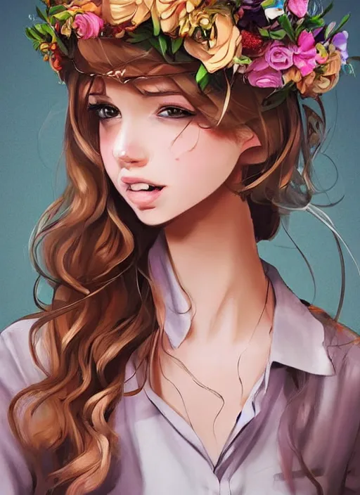 Prompt: a girl!!! with a flower crown!! brown hair!! button up shirt! ipod in right hand! earphones in ear! bubbly! artstation! realistic! high details!
