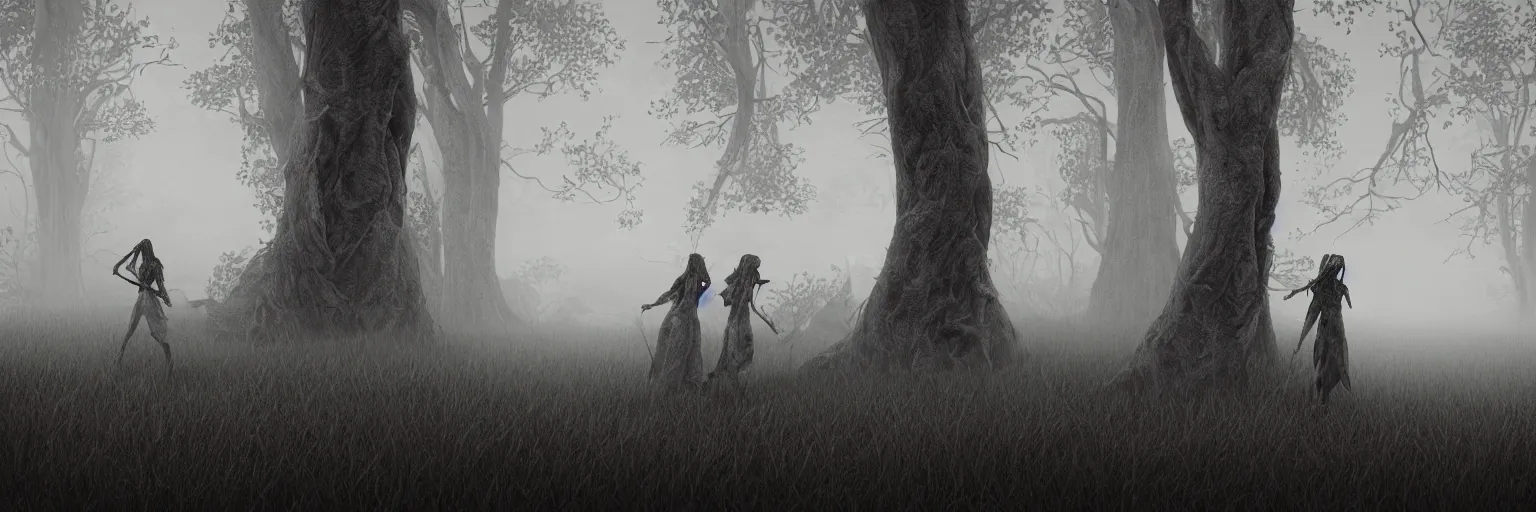 Prompt: epic fantasy render of a two beautiful skinny women in fog, long dark hairs, detailed anatomy, woods, black and white, highly detailed, cinematic, hyperrealism, dynamic lighting, octane render