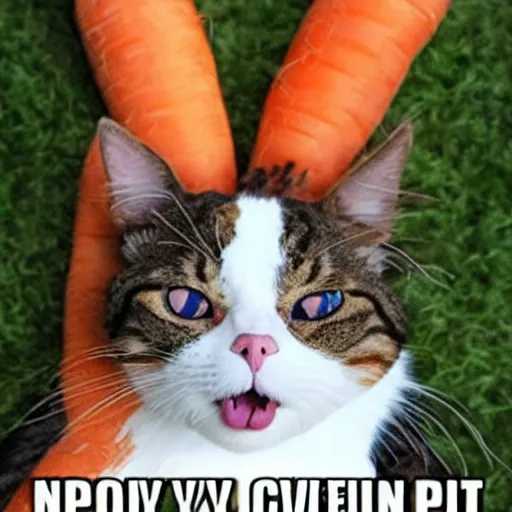 Image similar to a crying cat in a carrot costume meme , super realistic , android picture