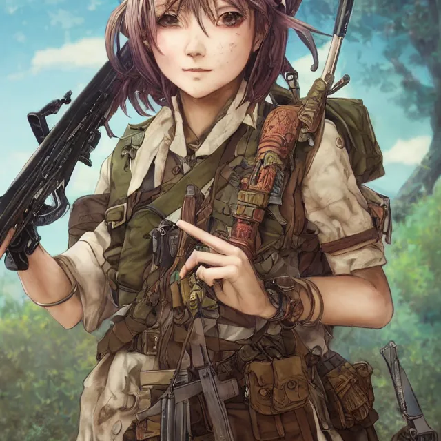 Image similar to the portrait of lawful neutral semi - colorful female infantry sniper as absurdly beautiful, gorgeous, elegant, young anime girl, an ultrafine hyperdetailed illustration by kim jung gi, irakli nadar, intricate linework, bright colors, octopath traveler, final fantasy, unreal engine 5 highly rendered, global illumination, radiant light, detailed and intricate environment