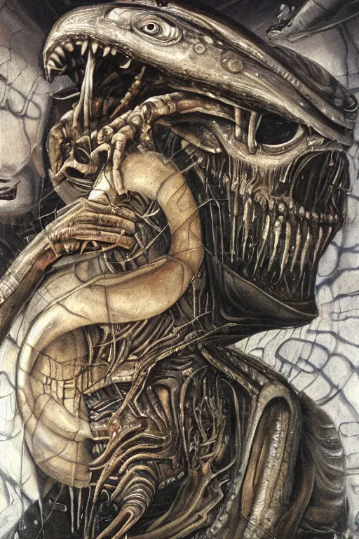 Image similar to saturn devouring his son painted in the syle of giger, giger art, wall painting, extremely detailed, 4 k