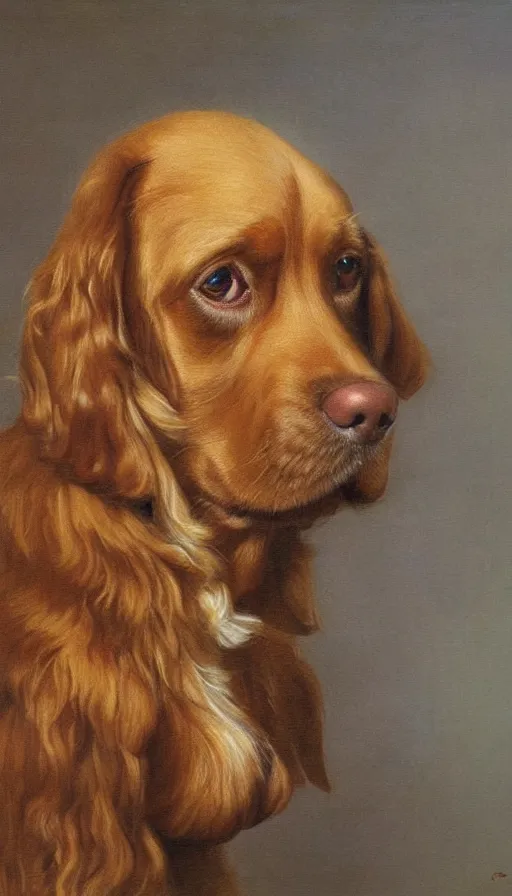 Prompt: painting of golden english cocker spaniel, by peder krøyer, dramatic lighting, golden hour, adorable, intricate detail, canvas print