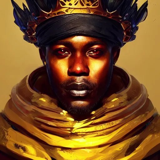 Prompt: a dark and ominous african moor with black eyes and a golden crown with a ruby, Apex Legends character digital illustration portrait design, by android jones and greg rutkowski, detailed, cinematic lighting, wide angle action dynamic portrait