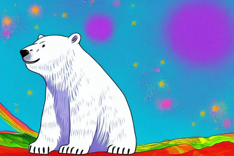 Image similar to a relaxed polar bear looking to the sky by lisa frank, digital art,