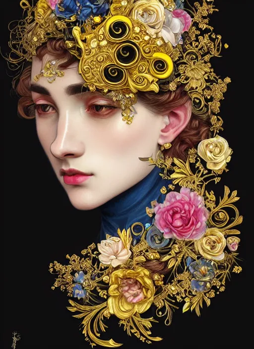 Image similar to beautiful black blue yellow, complicated gold and pink flowers in baroque style headwears, dark fantasy, intricate, elegant, highly detailed, digital painting, artstation, concept art, matte, 3 d 8 k octane rendered, sharp focus, illustration, octane rendered, art by artgerm and alphonse mucha, leesha hannigan