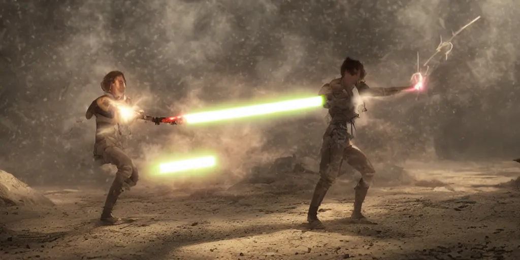 Prompt: epic lightsaber battle, volumetric lighting, hyper realistic, octane render