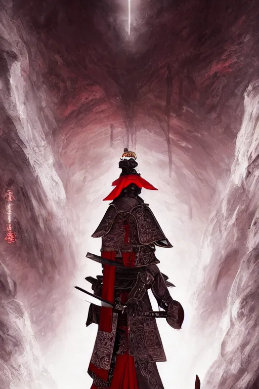 Image similar to a photographic portrait of a powerful samurai cloaked in white, carrying swords on his back, standing under a beam of light, a dark cave, ruby red sorrow, intricate, elegant, highly detailed, ornate, beautifully lit, ray traced, octane render, in the style of Peter Mohrbacher and Peter Gric