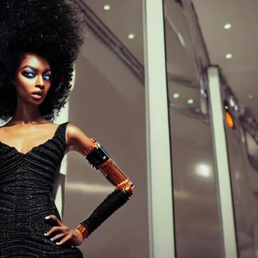 Prompt: close up of a black female fashion model with huge hair in year 3000 in art-deco entrance hall, model wearing a robotic black dress, photography , official Vogue editorial , highly detailed