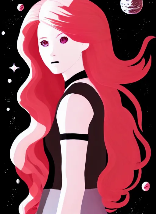 Prompt: highly detailed portrait of a hopeful pretty astronaut lady with a wavy blonde hair, by Jamie McKelvie , 4k resolution, nier:automata inspired, bravely default inspired, vibrant but dreary but upflifting red, black and white color scheme!!! ((Space nebula background))