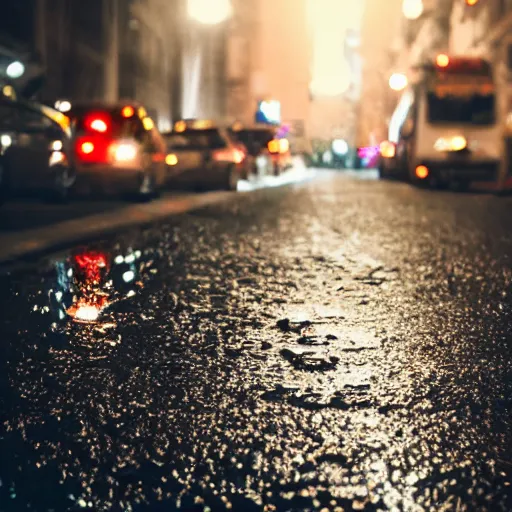 Image similar to night city lights reflecting on wet asphalt, moody photography