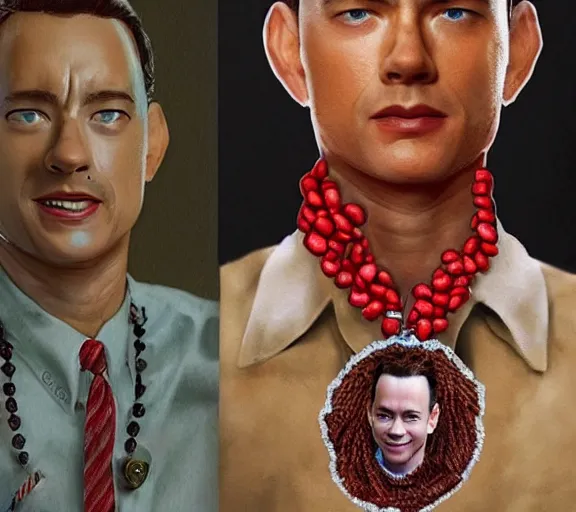 Image similar to Tom hanks as forrest gump wearing a necklace of shrimps around the neck, realistic face, digital art, in the style of Vitaly Samarin Alexiu, amazing detail, artstation