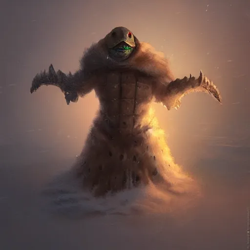 Image similar to anthropomorphic turtle humanoid, carapace, greg rutkowski, blizzard, winter, night, furs, fantasy