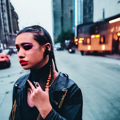 Image similar to Cinestill 50d candid photography of a city on fire, a techwear mixed woman wearing thick mascara and dark glitter makeup crying outside of a city on fire, tattoos, long shot, wide shot, full shot, blurry, 4k, 8k, hd, full color