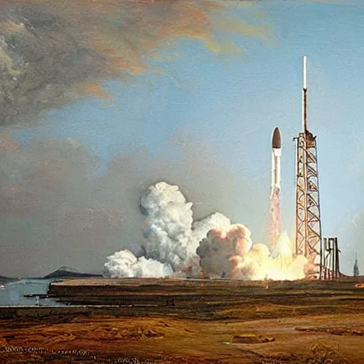 Prompt: An classic painting of the SpaceX Starship launchpad in the Victorian Age