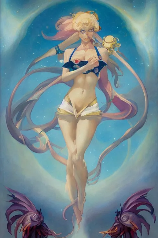 Image similar to Sailor Moon by Peter Mohrbacher in the style of Gaston Bussière, Art Nouveau