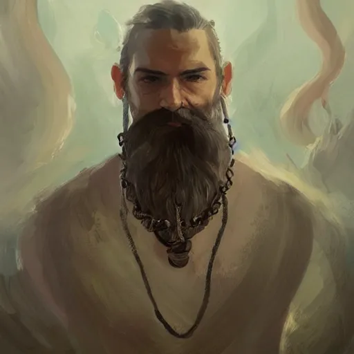 Prompt: A portrait of a cleric of Cthulu with short dark hair and a trimmed beard, he wears a sandstone cube on a string around his neck, as dark magic emanates from his necklace tentacles spur from the water, digital art by Ruan Jia