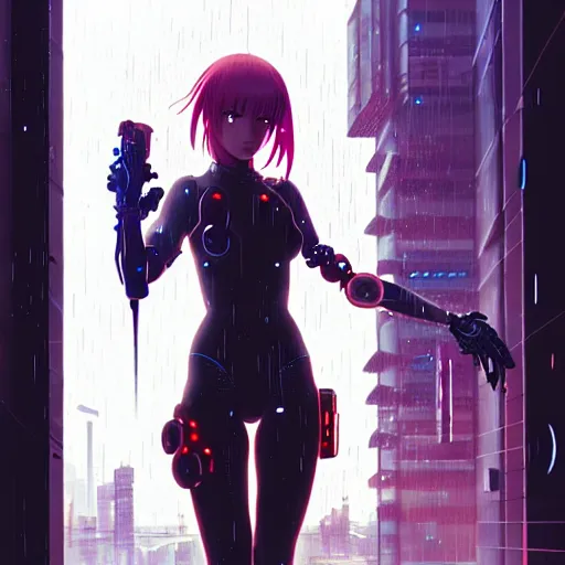 Image similar to cyberpunk anime art, beautiful cyborg girl in the style of arcane holding excalibur, full round face, biomechanical details, full body shot, rain, wet street, window reflections, lens flare, wlop, ilya kuvshinov, artgerm, krenz cushart, greg rutkowski