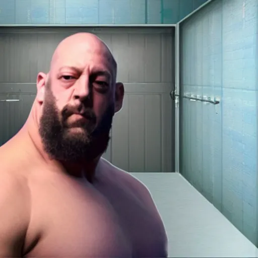 Image similar to big show wrestler vaping, highly detained, photorealistic, locker room in background,