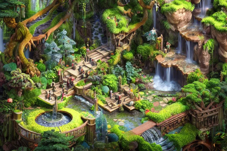 Image similar to isometric view of a fantastical garden with waterfalls and giant trees, by Andrei Riabovitchev, Shaun Tan, Peter Mohrbacher and Takayuki Takeya, ancient ornate intricate, cinematic, realistic, intricate detail, finely detailed, small details, extra detail, photorealistic, high resolution, 3D, PBR, path tracing, volumetric lighting, octane render, arnold render, 8k