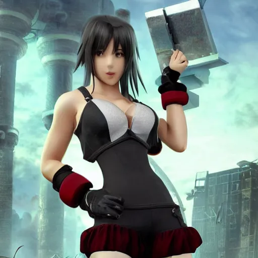 Prompt: a giant giga sized tifa from final fantasy 7 remake having fun destroying a city while smiling, digital art, octane render, award winning, very detailed, full body portrait, 3d render, detailed facial expressions, destroyed city, 4k destruction, fire, video game art, no text, ray tracing, slow motion glitter sparkles in the air, powerful, chakra attack, good composition