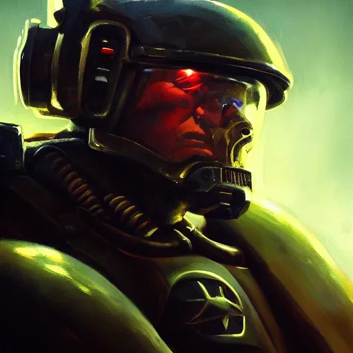 Prompt: closeup portrait of a space marine, dramatic lighting, city background, night, moon, chiaroscuro, high detail, painted by geoffroy thoorens, painted by igor sid, painted by raymond swanland, trending on artstation