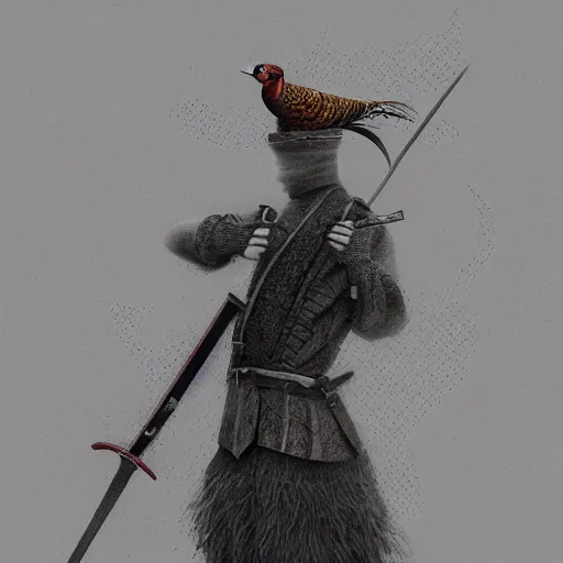 Prompt: Pheasant holding a sword, by lily seika jones Instagram, rivuletpaper art, top cinematic lighting, cinematic mood, very detailed, shot in canon, 8k, high