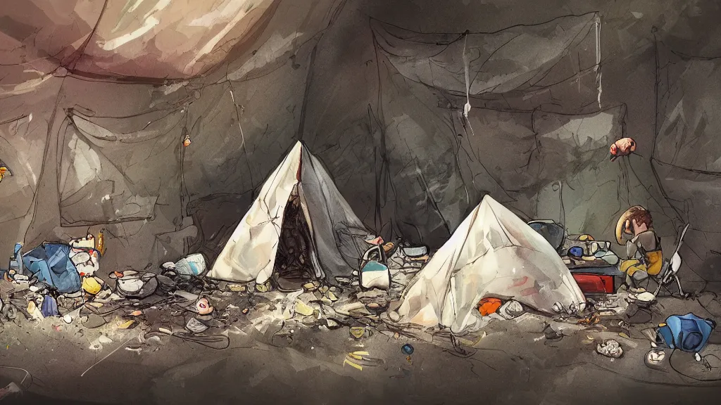 Prompt: an illustration of a messy camping tent, with a kid sitting in the corner, waste everywhere, high contrast, highly detailed, sharp focus, digital painting, illustration, trending on artstation,