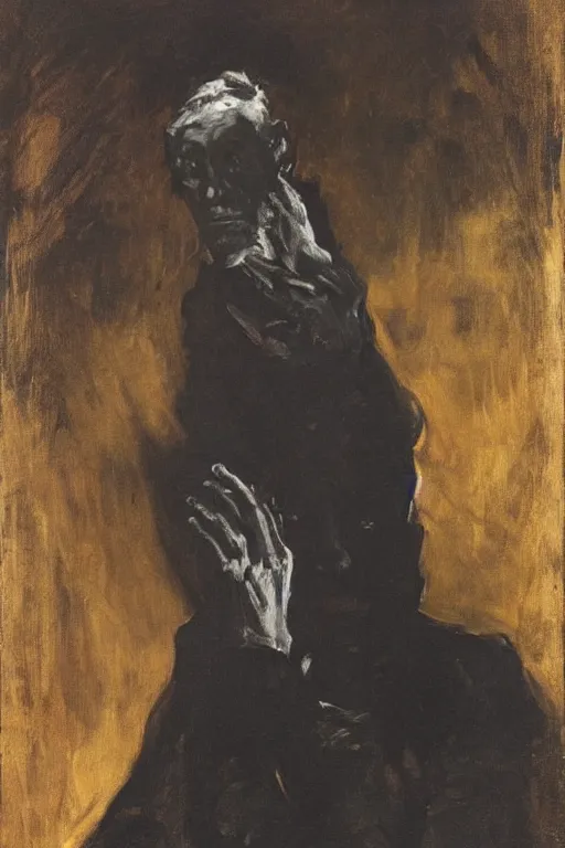 Image similar to menacing portrait of Samuel Beckett emerging from the dark void, figure in the darkness, painted by Eugène Delacroix, John Singer Sargent, Adrian Ghenie, Francis Bacon,