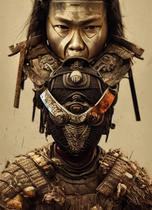 Prompt: samurai portrait photo, wearing mempo mask, after a battle, dirt and unclean, extreme detail, cinematic, dramatic lighting render, photorealism photo by national geographic, tom bagshaw, masterpiece