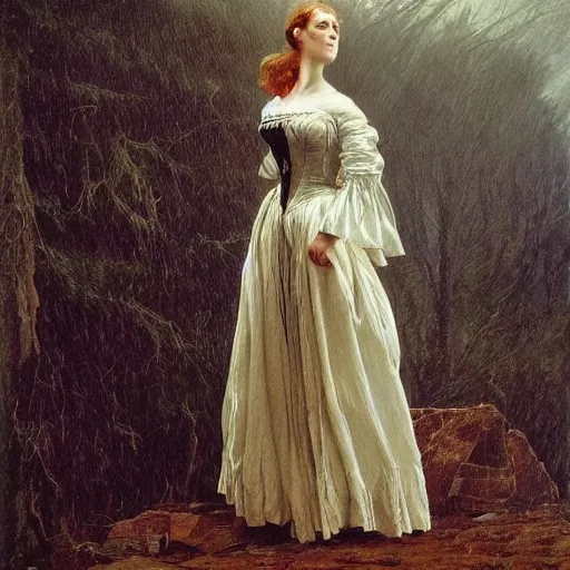 Image similar to A beautiful victorian woman, gothic dress, flowing hair, oil painting, portrait, dramatic lighting, masterpiece, painted by Caspar David Friedrich