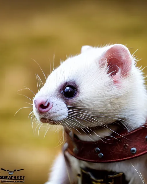 Image similar to ferret love warrior, furry, fantasy, viking, high detailed, hearts, photography, cloudy, lightweight leather armour, scandinavia, plain, detailed face, look into the distance, serious face, full body, in full growth, professional photographer, masterpiece, 5 0 mm, extremely detailed, digital art 8 k