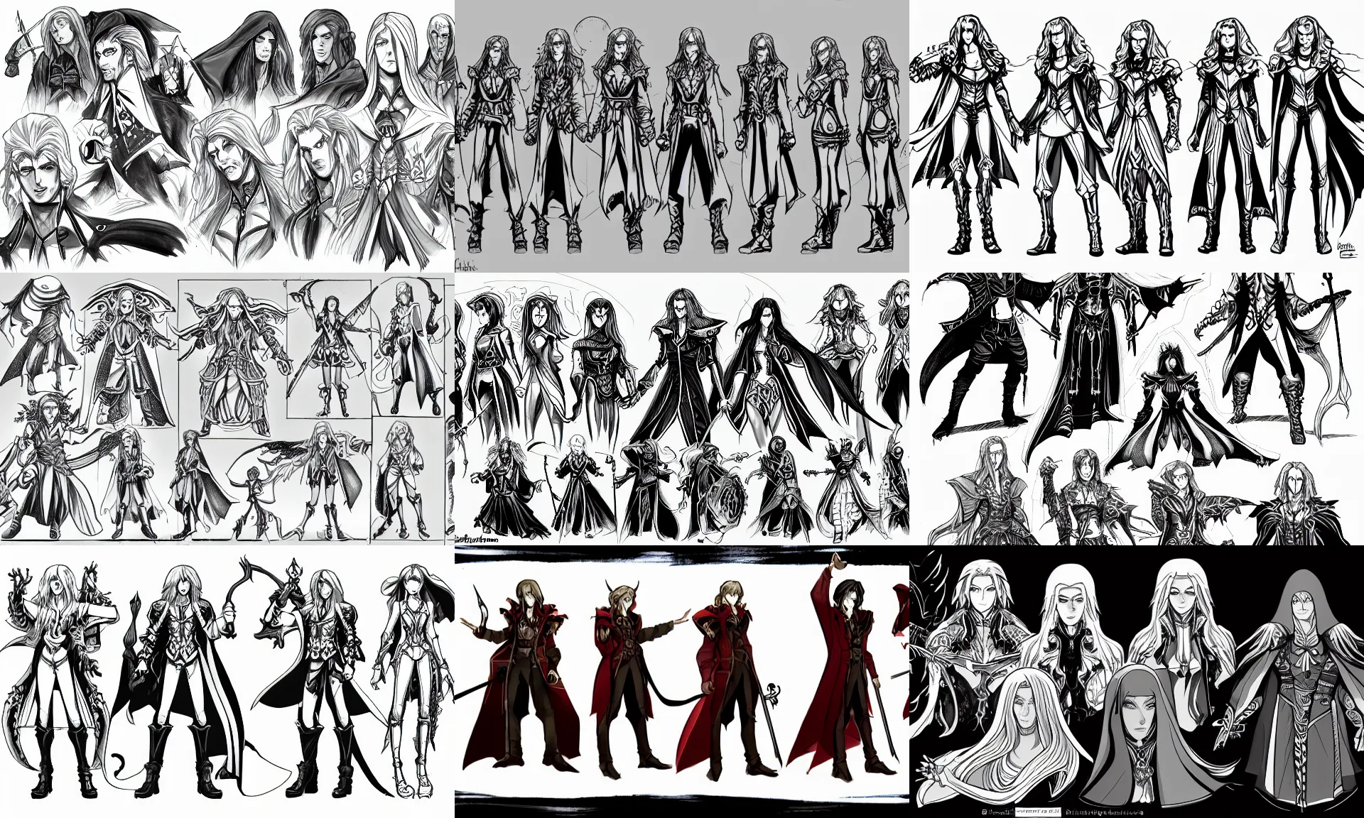 Prompt: lineart mage character sketches, castlevania