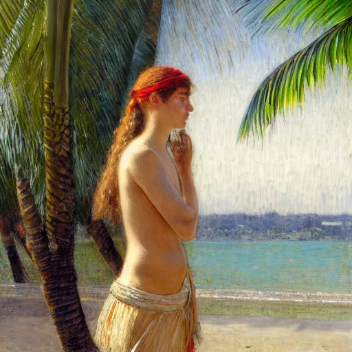 Image similar to a ultradetailed beautiful painting of a girl in the amazonas palace designed by jules bastien - lepage, hans belmer, frank weston and gustave baumann, beach, trending on artstation, mediterranean, palm trees, light sparkles, sharp focus, soft light, 8 k 4 k