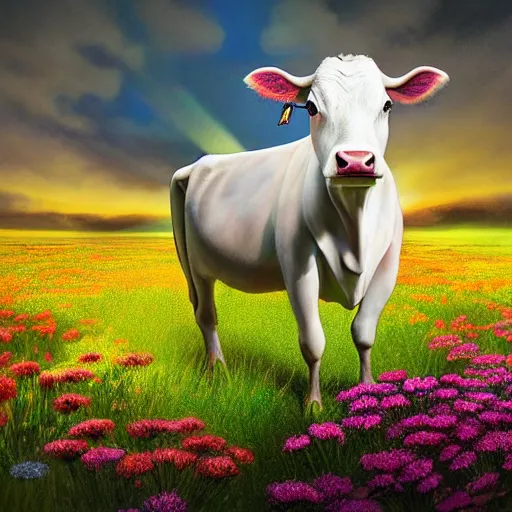 Image similar to a fantasy artwork of a cow in a field of glowing flowers, godlen light shines on the cow