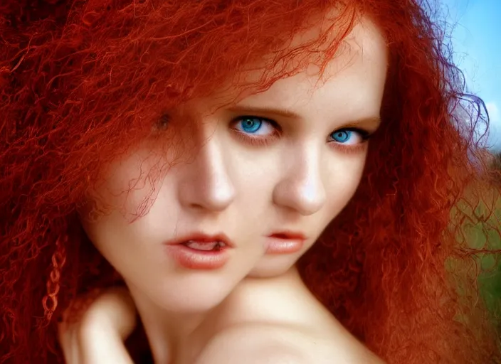 Image similar to award winning 5 5 mm close up face portrait photo of an anesthetic gorgeous redhead woman with small nose, blood - red wavy hair and intricate eyes, in a park by luis royo